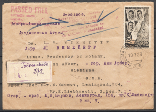 1938 USSR Registered Leningrad - New York - Passed Free Detroit - Michigan (USA)