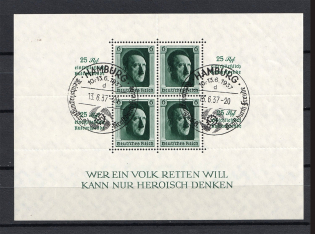 1937 Third Reich, Germany (Souvenir Sheet Mi. 9, Special Commemorative Cancellation HAMBURG, CV $120)