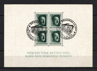 1937 Third Reich, Germany (Souvenir Sheet Mi. 7, Special Commemorative Cancellation BRAUNAU AM INN, CV $20)