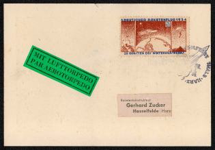 1934 Rocket Mail. Privately Printed Post Card The photo is of an early 1930s rocket experiment showing the rocket builder and N.S.D.A.P. officials.