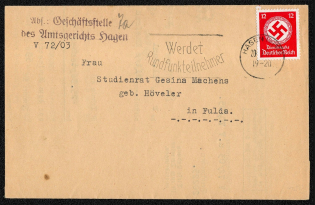 1934 Official mailing franked with Scott 086 Posted 20 September, and addressed to Assistant Schoolmaster Gesina Machens, born Hoveler, in Fulda