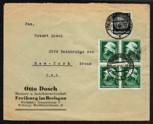 1935 Postally used cover franked with Scott No. 415, and a block of Scott No. 452 mailed to the United States from Freiburg im Breisgau
