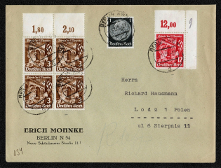 1935 Postally used commercial cover to Lodz, Poland. Postmarked Berlin NW 7, 5 November 1935, the first day of issue.