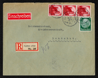 1935 Scott No. 443 (strip of 3) and No. 419 used on registered commercial cover posted 12 November in Landau