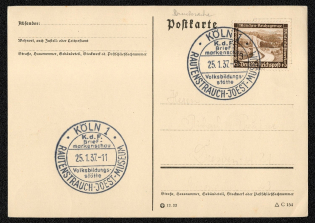 1937 Postcard franked with Scott B93 Specil postmark Koln as the City of Adult Education
