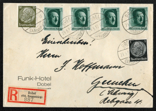 1937 registered cover franked with multiple copies of Sc B102a, plus Sc 415 and 426, mailed in Dobel