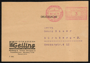 1940 Advertising card franked with a 3 Rpf postage meter stamp paying the rate for printed matter
