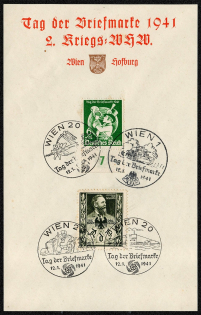 1941 Souvenir card from the 1941 Day of the Stamp and the Second Wartime Winter Help. Franked with Sc. В188 and gummed label