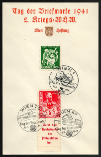 1941 Souvenir card from the 1941 Day of the Stamp and the Second Wartime Winter Help. Franked with Sc. В188 and gummed label