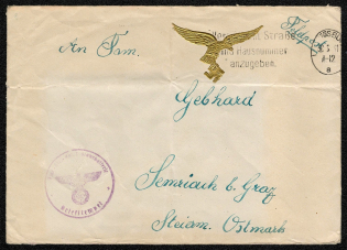 1941 Free franked Feldpost cover with a gold foil Luftwaffe label and a violet Anti-aircraft Battery Letter Stamp