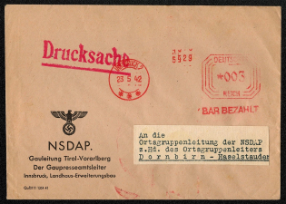 1942 Cover franked with postal meter imprint for 3 Rpf, paid in cash and posted in Innsbruck