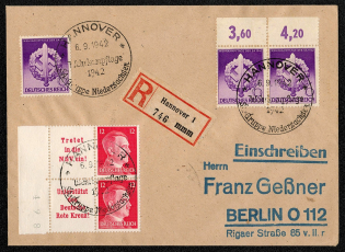 1942 Registered cover franked with multiple copies of Sc 528 commemorating the War Effort Day of the Sturmabteilung, and a pair of Sc 513
