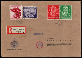 1944 Registered commercial cover franked with Sc B279, B277, B281 and B282 mailed in Lorch