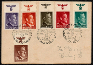 1944 General Government Scott Nos. N80-83, N85 and N87 with swastika tabs cover with a special cancellation commemorating Five Years of Occupation Government