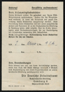 1942 Form for a replacement D.A.F Member’s Work Notebook