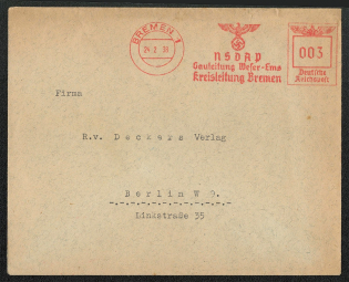 1938 Official NSDAP cover franked with a 3 Rpf postage meter stamp