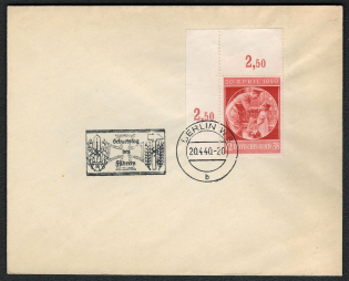 1940 special postmark depicts the sword of war, and the hammer and ear of corn (industry and agriculture)