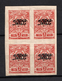 1920-21 3k Far East Republic, Vladivostok, Russia Civil War (Imperforated, Block of Four, CV $100, MH/MNH)