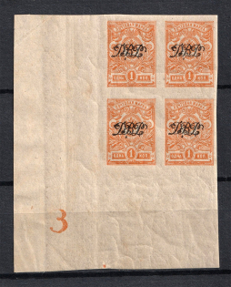 1920-21 1k Far East Republic, Vladivostok, Russia Civil War (Control Number `3`, Imperforated, Block of Four, Corner Margins, MNH)