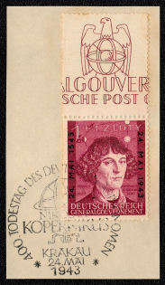 "1943 General government Scott No. NB27 issued 24 May 1943, mint and on cut square with First Day of Issue cancellation commemorating the 400""’ anniversary of the death of Nikolaus Kopernikus"