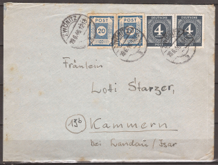 1946 Soviet occupation cover with Zwonitz Local Rouletting on 20 Pf