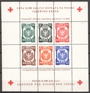 1945 Poland Dachau Red Cross Camp Post Block (Perf, No Watermark, MNH)