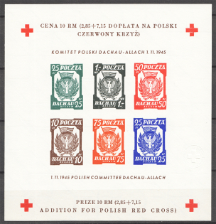 1945 Poland Dachau Red Cross Camp Post Block (Imperf, with Watermark, MNH)