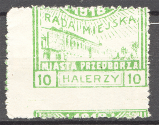 1918 Przedborz Poland 10 H (Shifted Perforation, Print Error)
