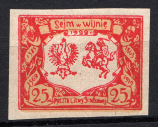 1922 25m Central Lithuania (Red PROOF, Imperforated)