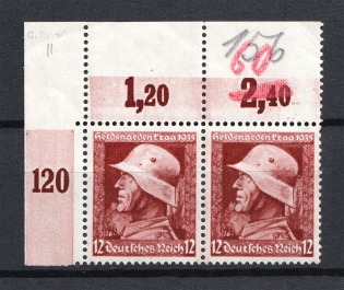 1935 12pf Third Reich, Germany (Vertical Gum, Pair, Corner Margins, Signed, CV $100, MNH)