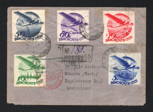 1934 Airmail Registered cover from Moscow 4.5.34 via Berlin to Munster (Mi. 462 - 466 X, Full Set)