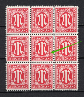 1945 15pf British and American Zones of Occupation, Germany ('1' instead 'i' in 'pfennig', Print Error, Block, MNH)