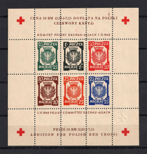 1945 Dachau Red Cross Camp Post, Poland, Souvenir Sheet (Perforated, with Watermark, MNH)