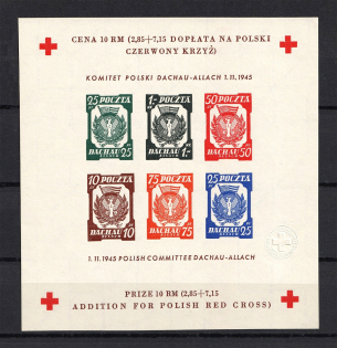 1945 Dachau Red Cross Camp Post, Poland, Souvenir Sheet (Imperforate, with Watermark, MNH)