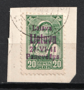 1941 20k Panevezys, Occupation of Lithuania, Germany (Mi. 7 b, Violet Overprint, Canceled, CV $90)