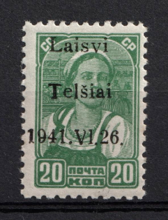 1941 20k Telsiai, Occupation of Lithuania, Germany (Mi. 4 I, Type I, CV $30, MNH)