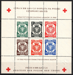 1945 Dachau Red Cross Camp Post, Poland, Souvenir Sheet (with Watermark, White Paper, Perforated, MNH)
