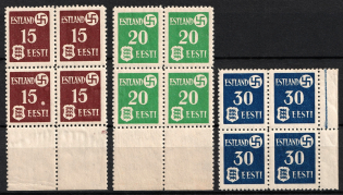 1941 Occupation of Estonia, Germany, Blocks of Four (Mi. 1x-3x, Yellow Paper, Full Set, CV $430, MNH)