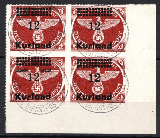 1945 '12' Occupation of Kurland, Germany, Block of Four (Corner Margins, Canceled, CV $100)