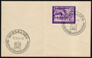 1942 Scott No. B158A on piece cancelled in Wiesbaden, 15 March 1942 depicting an eagle perched on a sword