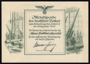 1940 Certificate for metalwork in the war effort awarded to Gottleib Menschke.