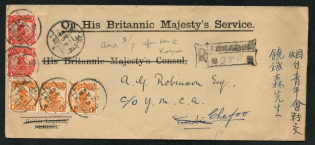 1924 (July 21) “On His Britannic Majesty’s Service” envelope sent locally in Tientsin, re-directed to Chefoo