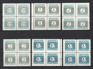 1942 Croatia, NDH, Blocks of Four (Mi. 11 - 16, Full Set, CV $50, MNH)