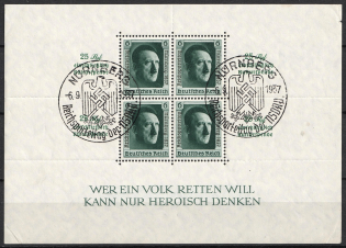 1937 Third Reich, Germany, Souvenir Sheet (Mi. Bl. 11, Special Commemorative Cancellation NURNBERG, CV $80)