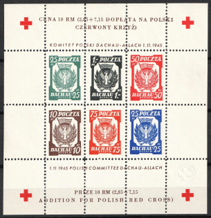 1945 Dachau Red Cross Camp Post, Poland, Souvenir Sheet (no Watermark, Perforated)