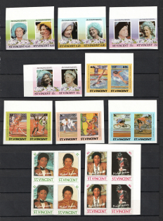 St. Vincent, British Commonwealth, Pairs, Blocks of Four (IMPERFORATED, MNH)