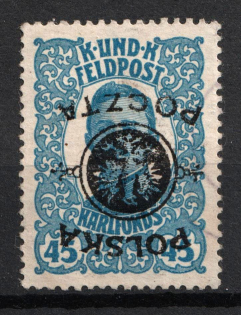 1918 45h Poland (Inverted Overprint, Print Error, Mi. 19, Signed, Canceled)
