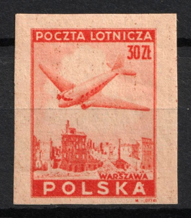1946 30zl Poland, Airmail (Imperforated, Mi. 433 U, CV $30)
