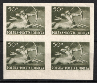 1948 50zl Poland, Airmail, Block of Four (Imperforated, Mi. 482 U, CV $40, MNH)