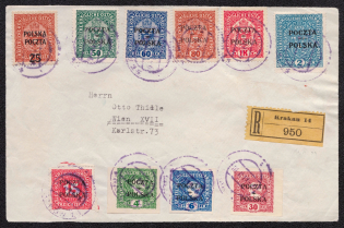 1919 Poland Registered Cover (Front side) from Krakow to Wien, franked with Mi. 34, 39-44, 48, 50, 51, 53 (Signed, Certificate)